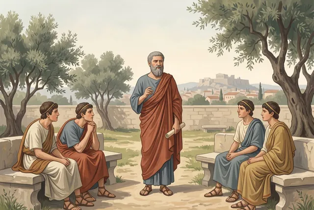 Neoclassical painted illustration of Plato teaching in the grove of the Academy, students seated around him